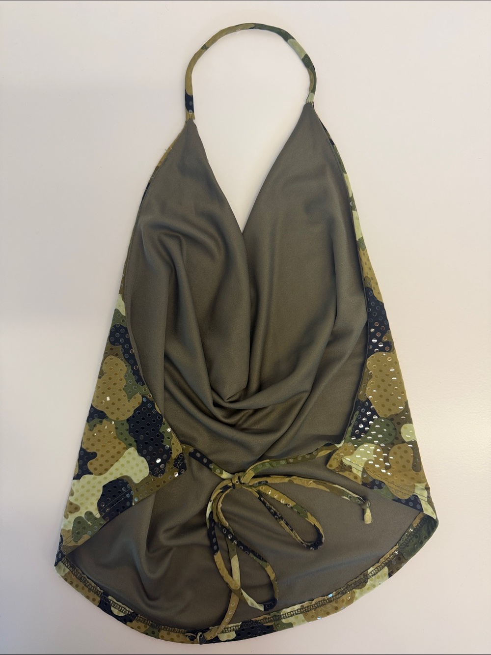Y2K Camo Halter Tank Top with Draped Front